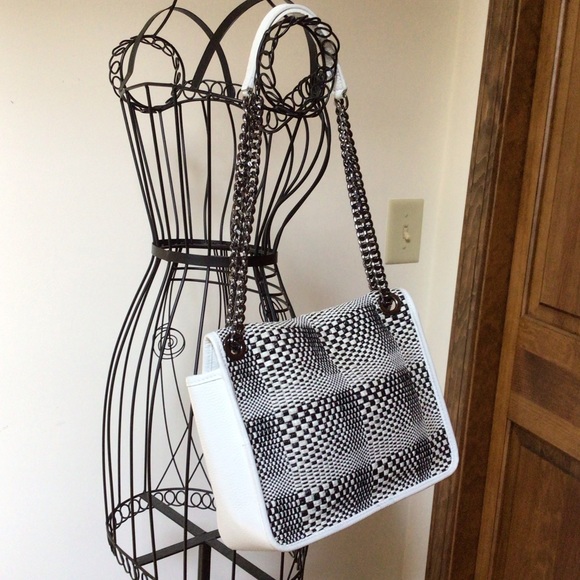 NWOTGS UNICA! FIRENZE ITALY WOVEN LEATHER BICOLOR CROSSBODY CHAIN STRAP BAG - Picture 6 of 12